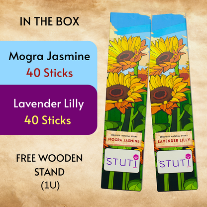 STUTI Premium Agarbatti for Pooja | Mogra Jasmine & Lavender Lilly (Pack of 2)